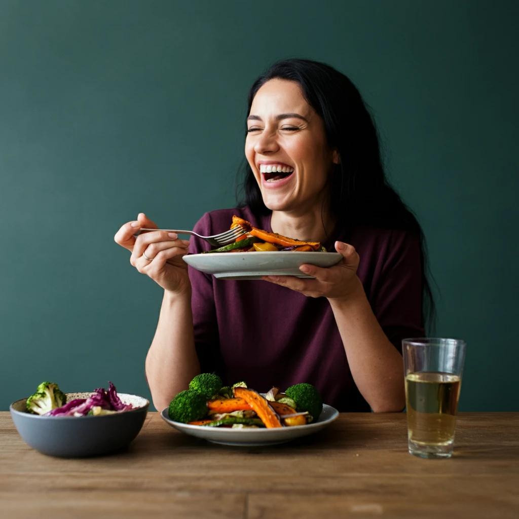 料理を楽しそうに食べる女性